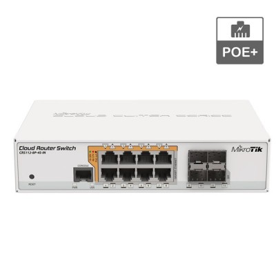 MikroTik CRS112-8P-4S-IN Cloud Smart PoE+ Switch 8-Port Gigabit Ethernet + 4-Port 1G SFP, PoE+ 802.3af/at & Passive PoE (Total 160W), Rack-Mount kit (Included)