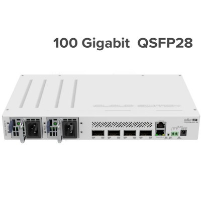 MikroTik CRS504-4XQ-IN 100GbE 4-Port QSFP28 + 1 x 100Mbit Ethernet port, MikroTik RouterOS v7, License level 5, Compatible with 40G, 25G, 10G, and 1G Fiber Connections, Rack-Mount kit (Included)