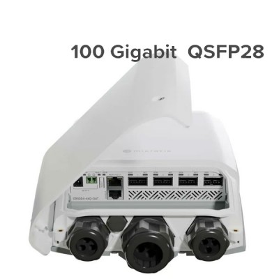 MikroTik CRS504-4XQ-OUT Outdoor 100GbE 4-Port QSFP28 + 1 x 100Mbit Ethernet port, MikroTik RouterOS v7, License level 5, Compatible with 40G, 25G, 10G, and 1G Fiber Connections, IP66 Weatherproof Enclosure