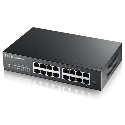Zyxel GS1900-16 16-port GbE Smart Managed Desktop Switch รองรับ การทำ VLAN, QoS, Link Aggregation, 802.1x, CPU defense engine และ DoS prevention Rack-mount kit for installing 19" rack