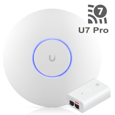 Ubiquiti Set U7-Pro + U-POE-at 8.7Gbps. Tri-Radio 2.4,5,6GHz, WiFi7 ac/ax/be, Ceiling Indoor Access Point, 1 x 2.5 GbE RJ-45 Port, + U-POE-at PoE+ Adapter (30W)